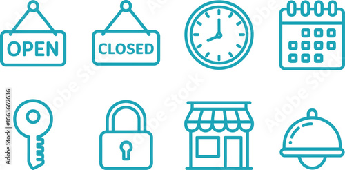 Azure Line Icons Open, Closed Signs, Clock, Calendar, Key, Padlock, Shop, Dish