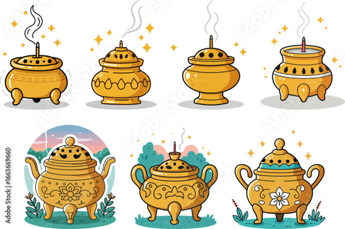 Decorative golden incense burners with smoke and ornate designs  
