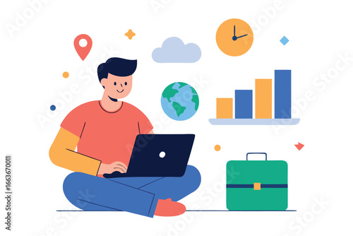 Man working on laptop with global business and finance icons