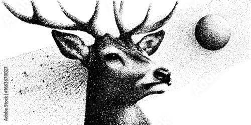 Stippling dotwork illustration of a majestic stag head with abstract elements for art and design