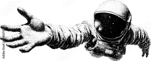 Surreal astronaut reaching out in stipple art for inspirational designs