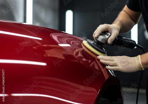 Professional auto detailer carefully polishing a vibrant red luxury car's paint surface to a brilliant shine