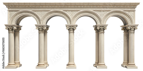 Five Connected Classical Arches with Ionic Columns and Intricate Carvings architecture isolated on a transparent background