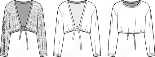 CAD drawing flat vector illustration of women's cropped cardigan sweater, long sleeve knitwear, tie front design, casual fashion, cozy apparel, lightweight sweater,