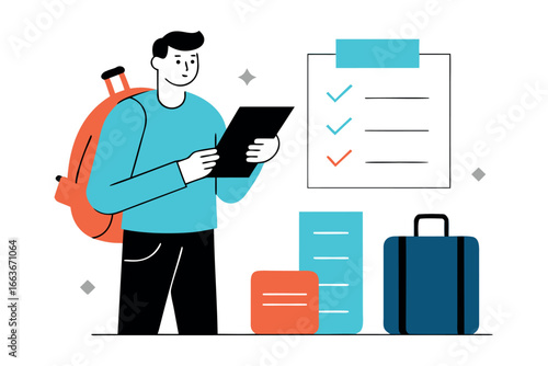 Man with backpack checking a checklist before travel with luggage