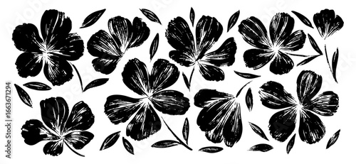 Flower doodle hand drawn line stroke. Sketch hand drawn spring floral plant, nature graphic leaf, scribble grunge brush texture. Vector simple flower, leaf brush stroke. Vector illustration