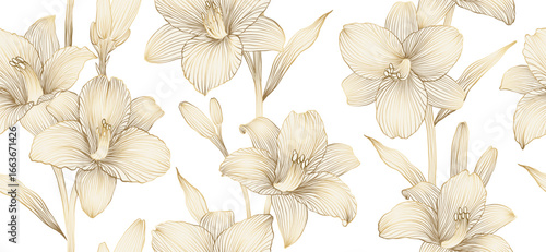 Luxury background with vintage lily flowers, buds and leaves seamless pattern. Hand drawn botanical elegant golden lily flower in line art style. Vector card, wedding invitation, wallpaper, cover