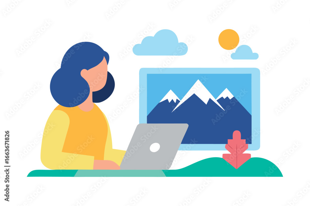 Fototapeta premium Woman working on a laptop with a mountain landscape on screen