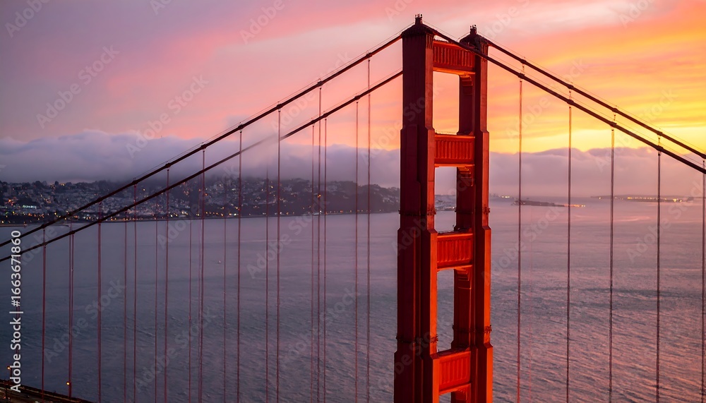 Obraz premium Golden Gate Bridge tower at sunrise, bathed in warm colors, with a misty view of the city.