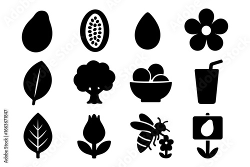 Nature and food silhouettes: fruit, leaves, bee, juice, flower, tree