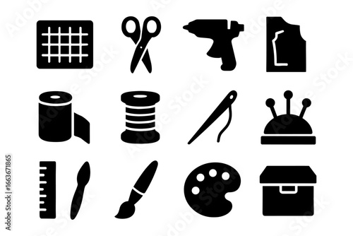 Sewing tools set: silhouette icons of scissors, needle, and craft supplies