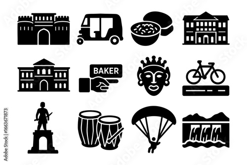 Black silhouette icons of indian culture: landmarks, food, and traditional elements