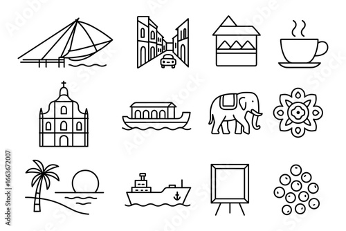 Linear minimalist icons of travel, architecture, and everyday objects