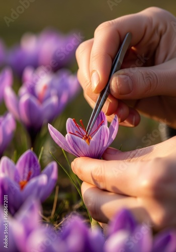 Closeup of hands using tweezers to carefully harvest delicate purple saffron crocus flowers in a field