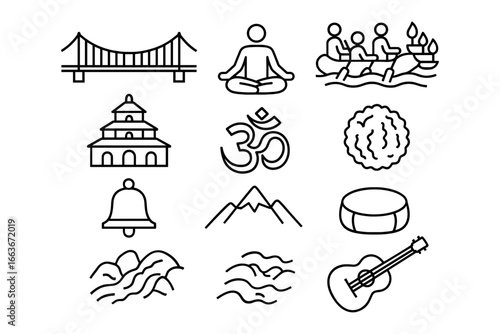 Black line icons of india: yoga, temples, and cultural symbols in simple design