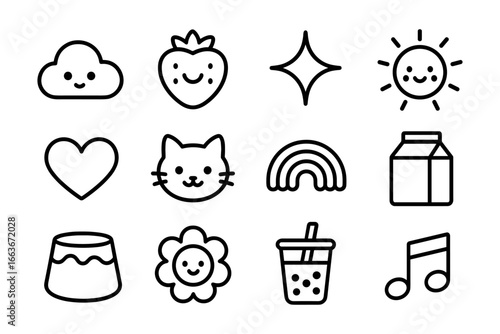 Cute minimalist icons set featuring smile elements and everyday objects