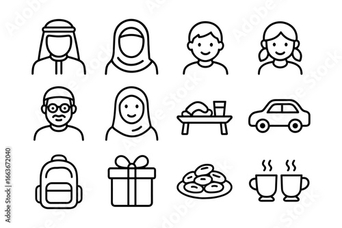 Simple line icons of family, food, and celebrations