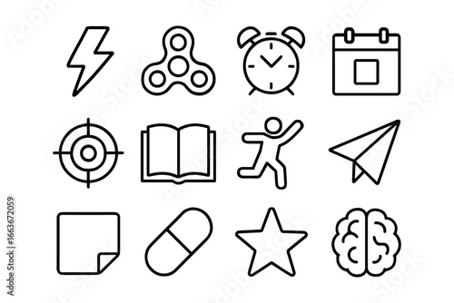 Minimalist black and white linear icons of everyday objects and symbols