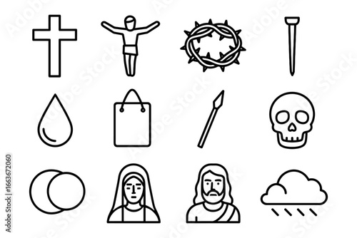 Christian symbols line art: cross, crown of thorns, and religious icons collection