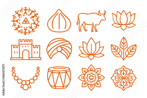 Traditional indian icons: symbols of culture and heritage in outline design