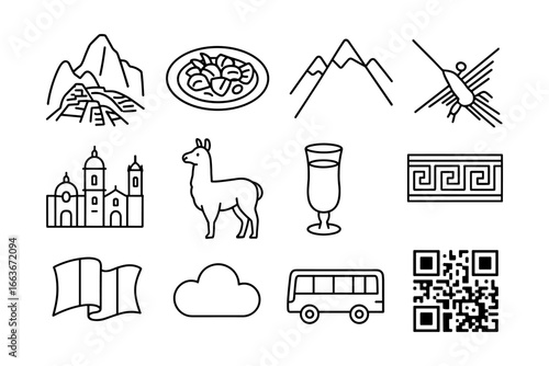 Peruvian culture symbols: mountains, llama, food, architecture, and flag icons in linear style