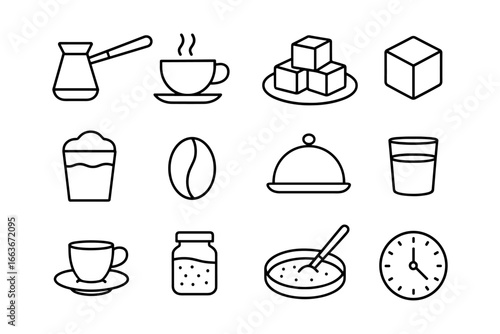 Minimalist coffee icons set featuring cup, beans, and utensils for cafe designs
