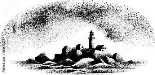 Stippling dotwork of a tiny island with lighthouse and ocean waves