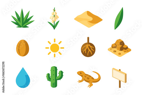 Desert ecosystem icons featuring flora, fauna, and natural elements in isometric design