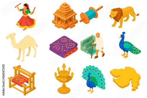 Isometric indian culture icons: traditional symbols and animals