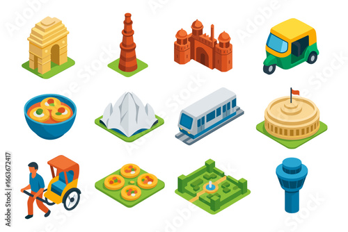 Isometric icons of india: landmarks, cuisine, and transportation in vibrant colors