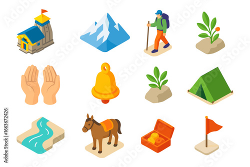 Isometric camping and adventure icons featuring nature, travel, and exploration elements