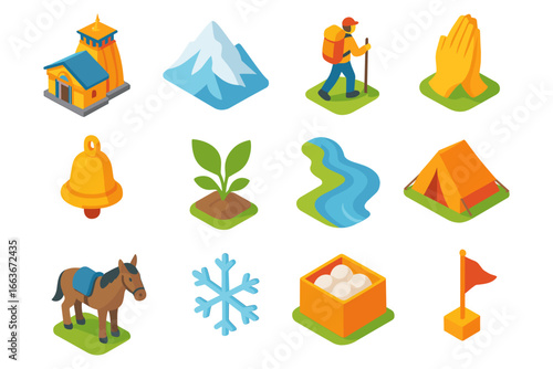 Outdoor adventure icons: nature, hiking, camping, and travel essentials in isometric style