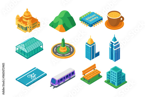 Isometric cityscape elements: landmark, architecture, transport, technology