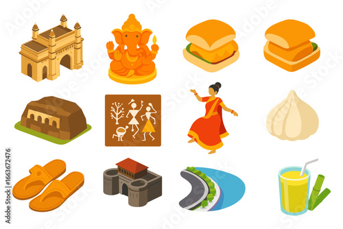 Colorful icons of indian culture and cuisine: gateway, dance, snacks, river