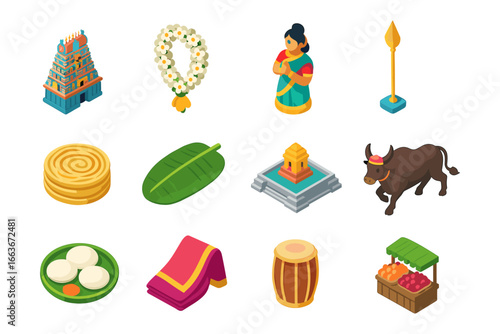 Isometric indian culture elements: temple, traditional dress, food, and symbols