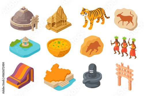Colorful isometric icons representing indian culture and heritage elements