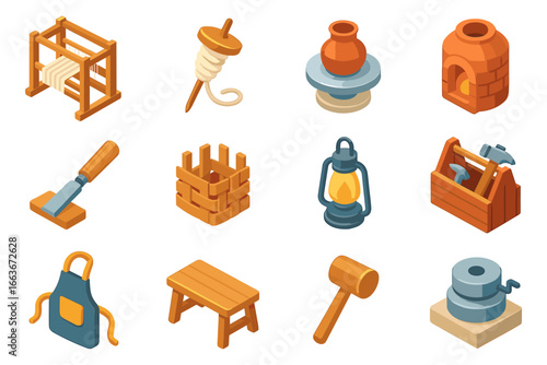 Isometric icons of traditional craft tools and workshop equipment