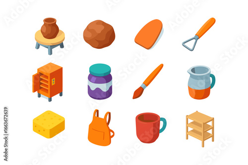 Crafting pottery and tools collection in modern isometric design