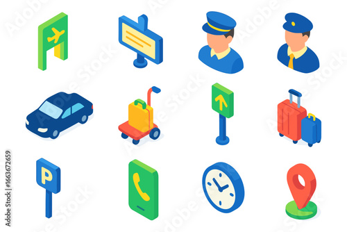 Isometric airport elements: transportation, luggage, signage, and icons collection