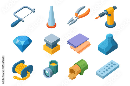 Isometric tool set: hand tools, cutting, welding, and measuring equipment