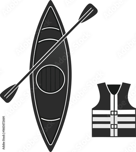 Stylized kayak paddle life vest and gear