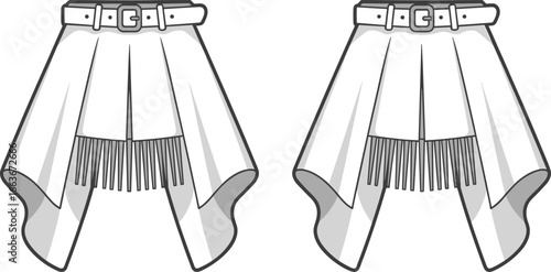 Cad drawing flat vector illustration of women's high low hem mini skirt, belt detail, fringe panel, fashion design front and back view