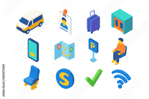 Isometric travel and transportation icons with map, wifi, and luggage elements