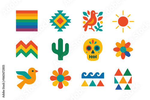Colorful mexican folk art with traditional symbols and festive patterns