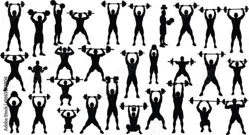 Barbell overhead lift silhouette, weight plate exercise poses, strength training vector, bodybuilding workout graphic, fitness sports icon, powerlifting design, athletic gym illustration