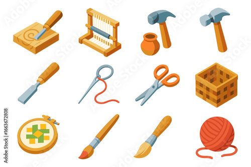 Isometric artisanal craft tools set: hammer, chisel, needle, yarn, pottery, weaving