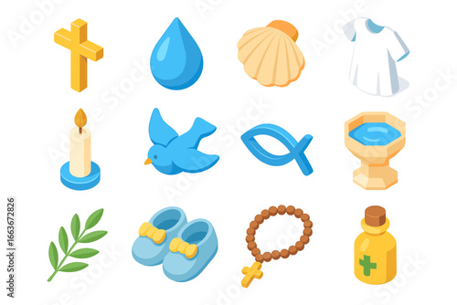 Isometric christian symbols collection: baptism, faith, and spiritual elements