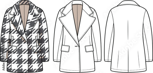 CAD drawing flat vector illustration of women's houndstooth double-breasted coat with front, back, and side view, buttoned, fashion outerwear