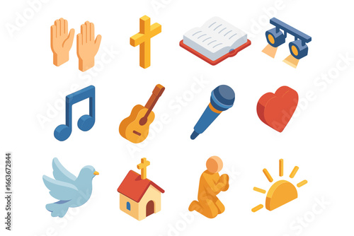 Isometric religious symbols set: faith, music, and community icons