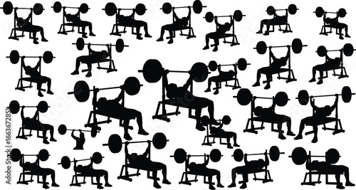 Bench press silhouettes, barbell chest workout poses, strength training icon set, vector illustration, gym art, bodybuilding design, fitness graphic, athletic exercise